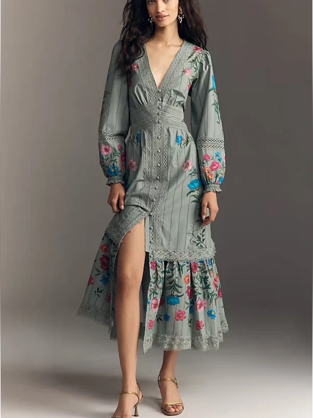 Anthropologie Sage green floral Button Midi embroidered lace dress S petite NWT